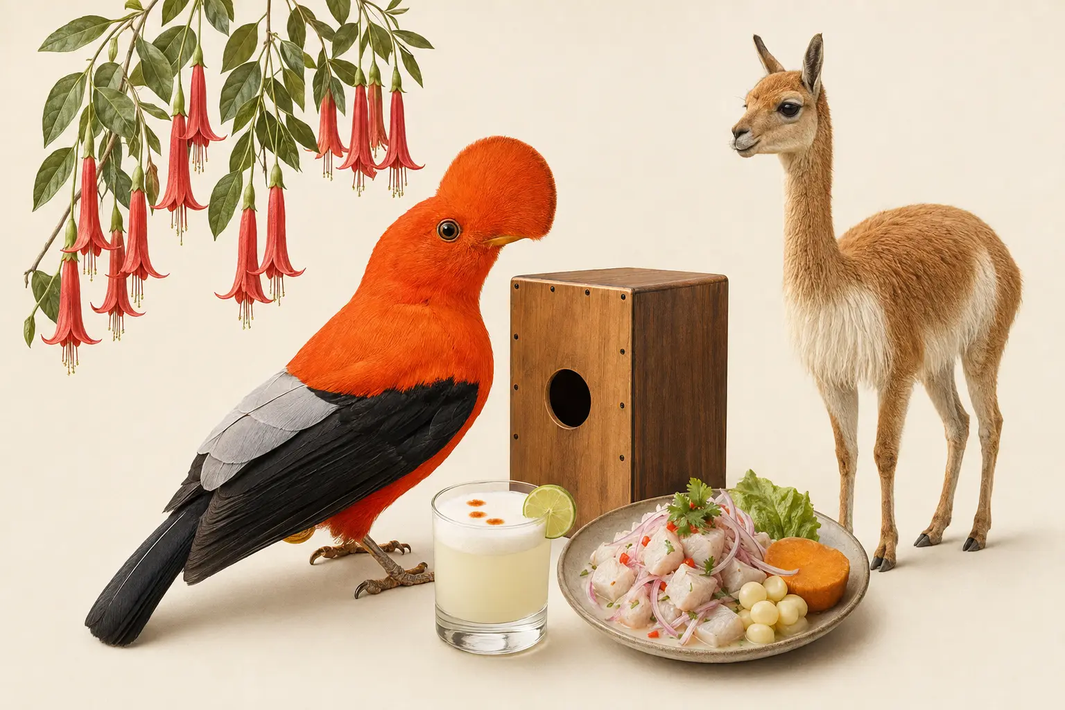 Gallito de las rocas, cantuta, vicuña, cajón, pisco sour y ceviche